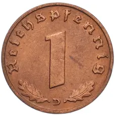 Монета 1 рейхспфенниг 1938 года D Германия (реверс)