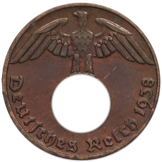 Монета 1 рейхспфенниг 1938 года E Германия (аверс)