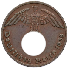 Монета 1 рейхспфенниг 1938 года D Германия (аверс)