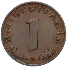 Монета 1 рейхспфенниг 1938 года D Германия (реверс)