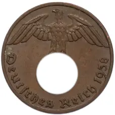 Монета 1 рейхспфенниг 1938 года J Германия (аверс)