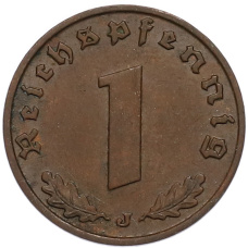 Монета 1 рейхспфенниг 1938 года J Германия (реверс)