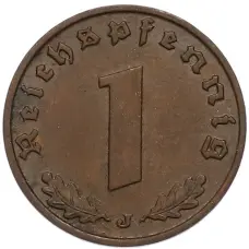 Монета 1 рейхспфенниг 1938 года J Германия (реверс)