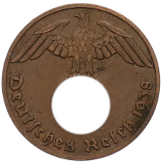 Монета 1 рейхспфенниг 1938 года J Германия (аверс)