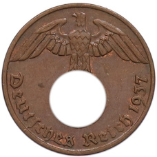 Монета 1 рейхспфенниг 1937 года A Германия (аверс)