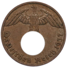 Монета 1 рейхспфенниг 1937 года F Германия (аверс)