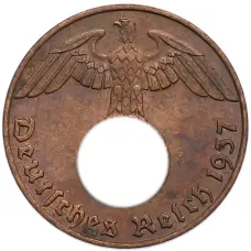 Монета 1 рейхспфенниг 1937 года J Германия (аверс)