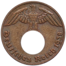 Монета 1 рейхспфенниг 1938 года E Германия (аверс)