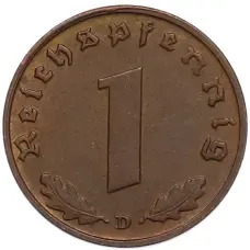 Монета 1 рейхспфенниг 1939 года D Германия (реверс)