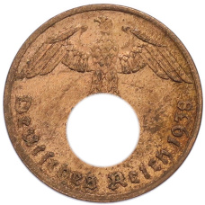 Монета 1 рейхспфенниг 1938 года A Германия (аверс)