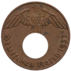 Монета 1 рейхспфенниг 1937 года J Германия (аверс)