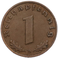 Монета 1 рейхспфенниг 1938 года D Германия (реверс)