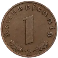 Монета 1 рейхспфенниг 1938 года D Германия (реверс)