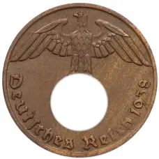 Монета 1 рейхспфенниг 1938 года J Германия (аверс)