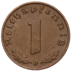 Монета 1 рейхспфенниг 1938 года J Германия (реверс)