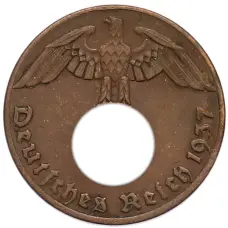 Монета 1 рейхспфенниг 1937 года A Германия (аверс)