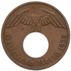 Монета 1 рейхспфенниг 1938 года A Германия (аверс)