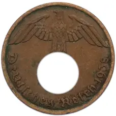 Монета 1 рейхспфенниг 1938 года A Германия (аверс)