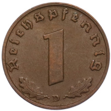 Монета 1 рейхспфенниг 1939 года D Германия (реверс)
