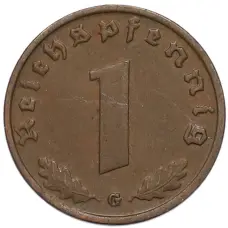 Монета 1 рейхспфенниг 1938 года G Германия (реверс)