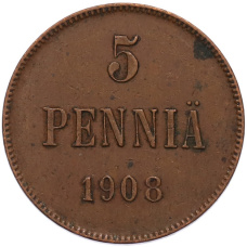 Монета 5 пенни 1908 года Русская Финляндия (аверс)