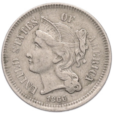 Монета 3 цента 1866 года США (аверс)