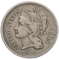 Монета 3 цента 1868 года США (аверс)