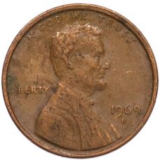 Монета 1 цент 1969 года D США (аверс)