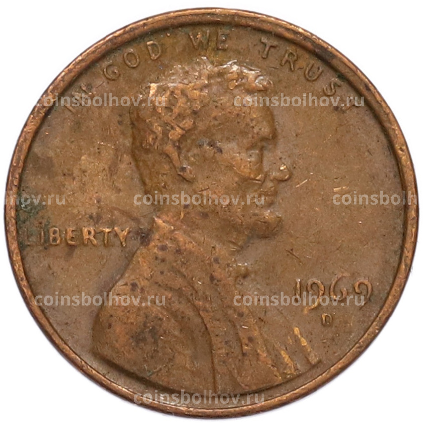 Монета 1 цент 1969 года D США