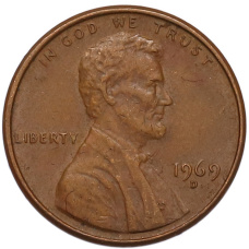 Монета 1 цент 1969 года D США (аверс)