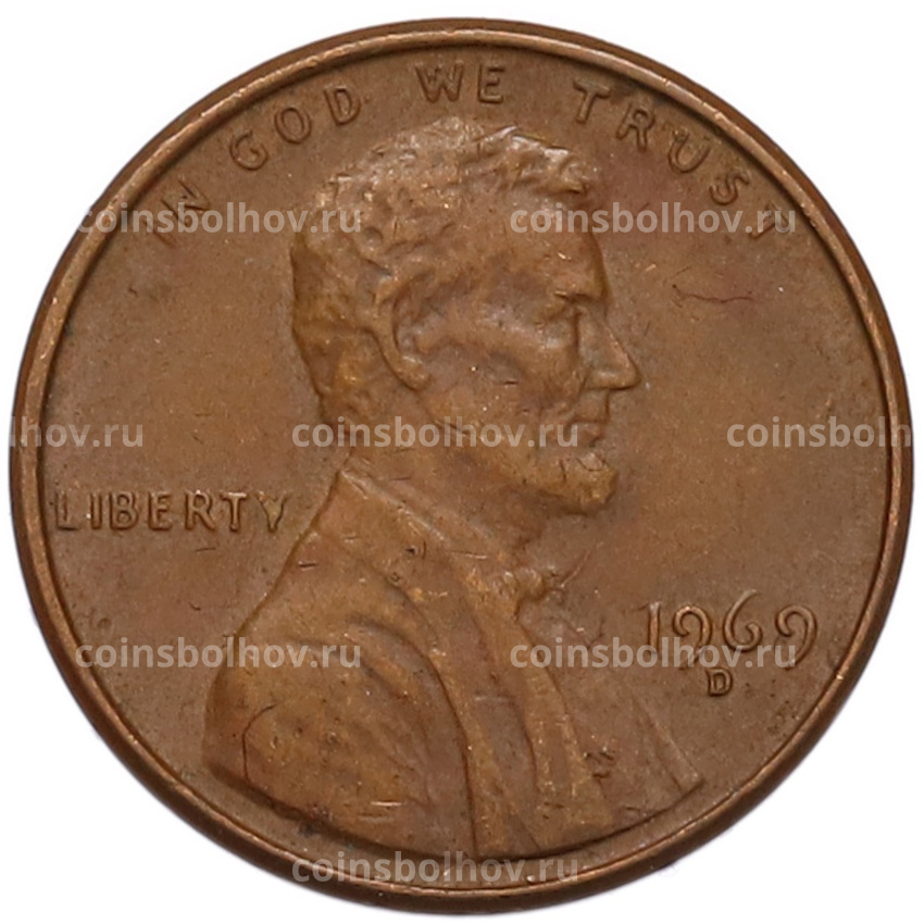 Монета 1 цент 1969 года D США