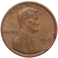 Монета 1 цент 1969 года D США (аверс)