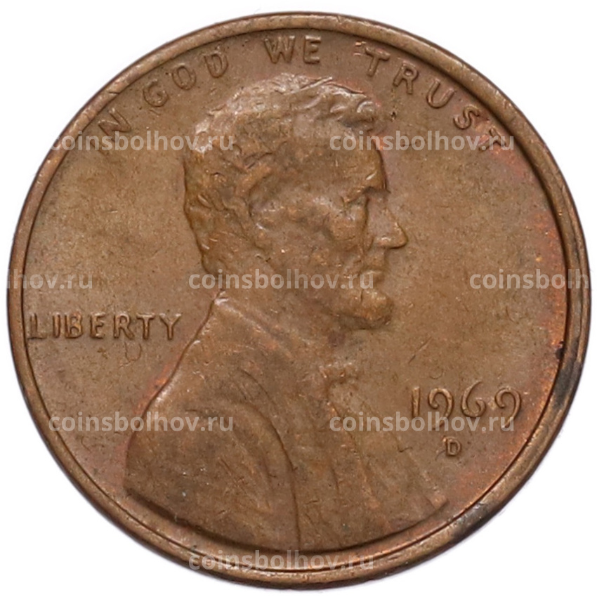 Монета 1 цент 1969 года D США