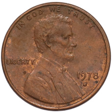 Монета 1 цент 1978 года D США (аверс)