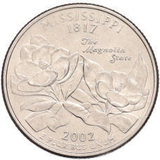 Монета 1/4 доллара (25 центов) 2002 года D США «Штаты и территории — Миссисипи» (аверс)