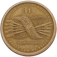Монета 1 доллар 2010 года (P) США «Коренные американцы (Сакагавея) — Великий закон о мире (Стрелы)» (аверс)