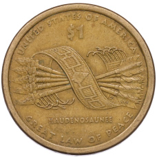 Монета 1 доллар 2010 года (D) США «Коренные американцы (Сакагавея) — Великий закон о мире (Стрелы)» (аверс)