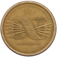 Монета 1 доллар 2010 года (D) США «Коренные американцы (Сакагавея) — Великий закон о мире (Стрелы)» (аверс)