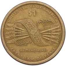 Монета 1 доллар 2010 года (D) США «Коренные американцы (Сакагавея) — Великий закон о мире (Стрелы)» (аверс)