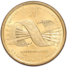 Монета 1 доллар 2010 года (D) США «Коренные американцы (Сакагавея) — Великий закон о мире (Стрелы)» (аверс)