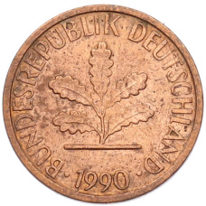 Монета 1 пфенниг 1990 года J Западная Германия (ФРГ) (аверс)