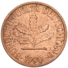 Монета 1 пфенниг 1990 года J Западная Германия (ФРГ) (аверс)
