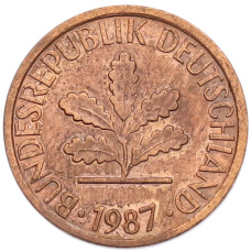Монета 1 пфенниг 1987 года G Западная Германия (ФРГ) (аверс)