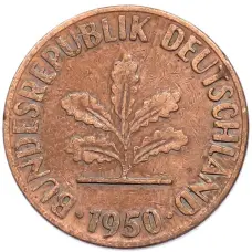 Монета 1 пфенниг 1950 года D Западная Германия (ФРГ) (аверс)