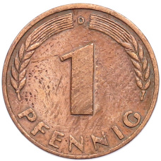 Монета 1 пфенниг 1950 года D Западная Германия (ФРГ) (реверс)