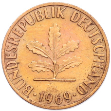 Монета 1 пфенниг 1969 года F Западная Германия (ФРГ) (аверс)