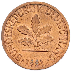 Монета 1 пфенниг 1981 года D Западная Германия (ФРГ) (аверс)