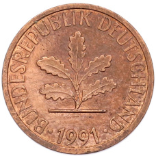 Монета 1 пфенниг 1991 года J Германия (аверс)