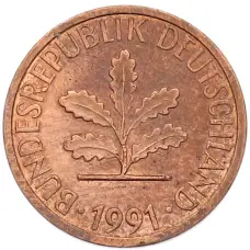 Монета 1 пфенниг 1991 года J Германия (аверс)