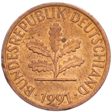 Монета 1 пфенниг 1991 года D Германия (аверс)